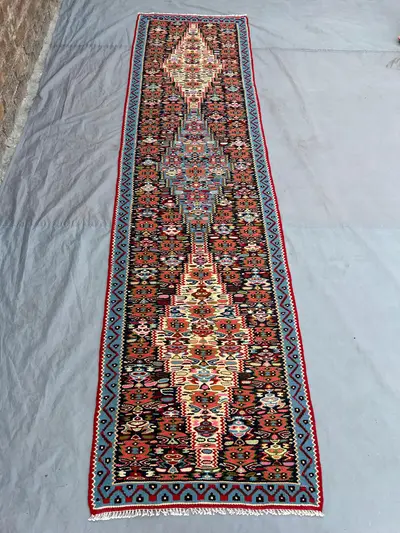 2'5x9'7 ft Vintage Afghan Kilim Runner, Handmade Flatweave Wool Rug, Long Hallway Runner Rug, Tribal Floral Ca