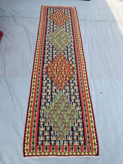 2'7x9'5 Vintage Afghan Kilim Runner | Flat Weave Wool Hallway Runner | Multicolor Tribal Geometric Kilim Runne