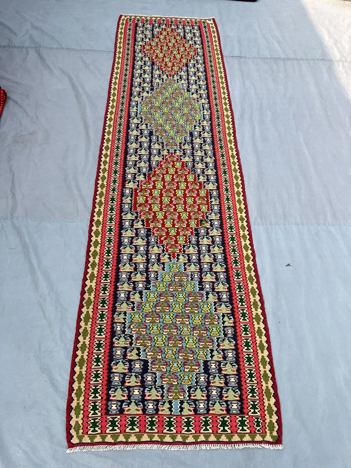 2'7x9'5 Vintage Afghan Kilim Runner | Flat Weave Wool Hallway Runner | Multicolor Tribal Geometric Kilim Runner | Bohemian Staircase Runner