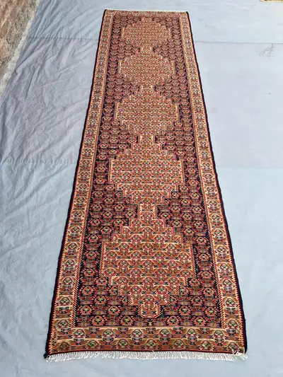 2'10x9'9 Vintage Afghan Flat Woven Wool Kilim Runner Navy Dense All Over Multicolor Geometric Tribal Boteh Boh