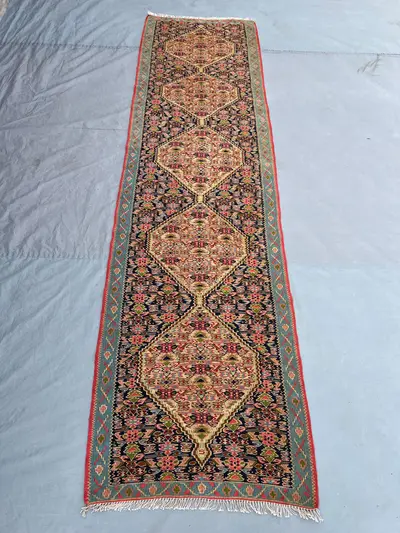 2'3x8'5 Vintage Afghan Flat Woven Wool Kilim Runner Navy Camel Repeating Diamond Medallion Dense Multicolor Tr
