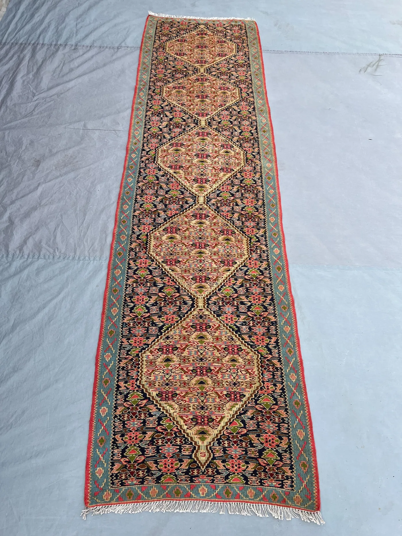 2'3x8'5 Vintage Afghan Flat Woven Wool Kilim Runner Navy Camel Repeating Diamond Medallion Dense Multicolor Tribal Boho Hallway Carpet