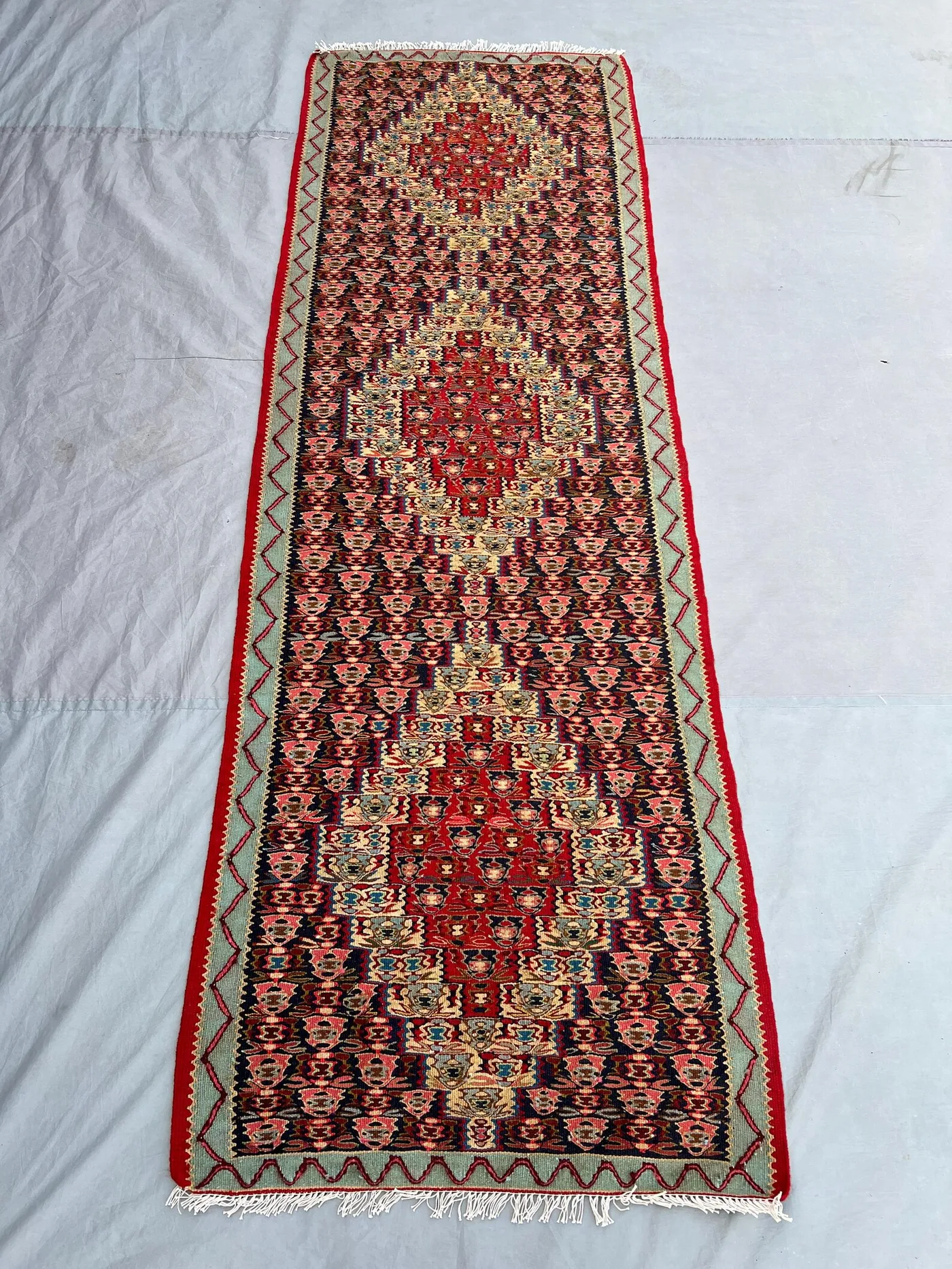 2'7x8 Vintage Afghan Flat Woven Wool Kilim Runner Red Navy Dense All Over Multicolor Floral Boteh Tribal Boho Hallway Kitchen Carpet