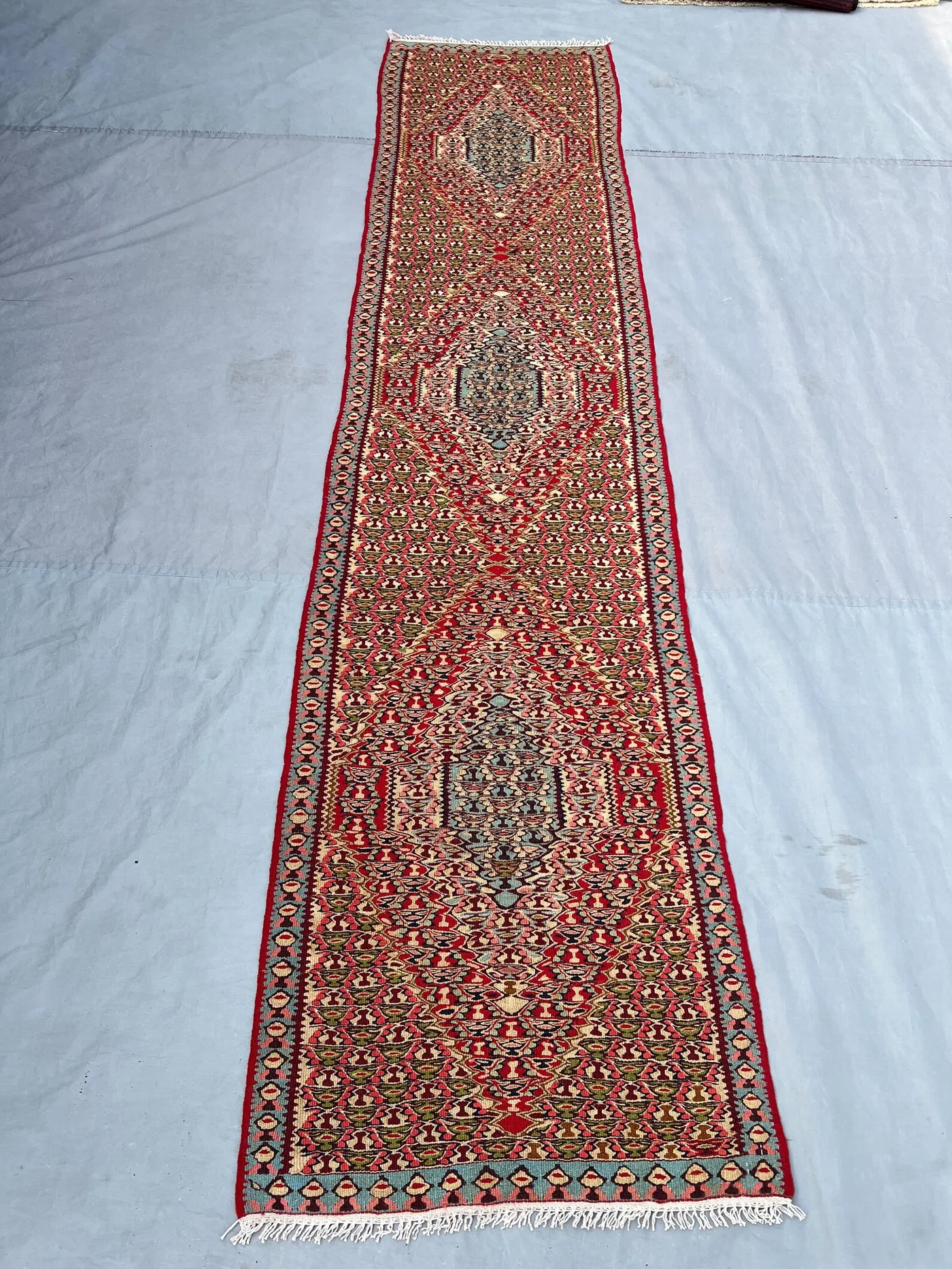 2'3x9'8 Vintage Afghan Flat Woven Wool Kilim Runner Red Olive Dense All Over Floral Boteh Diamond Medallion Boho Hallway Staircase Carpet