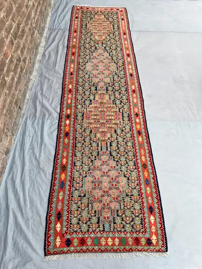2'7x9'11 Vintage Afghan Flat Woven Wool Kilim Runner Navy Dense All Over Coral Pink Floral Boteh Multicolor Tr