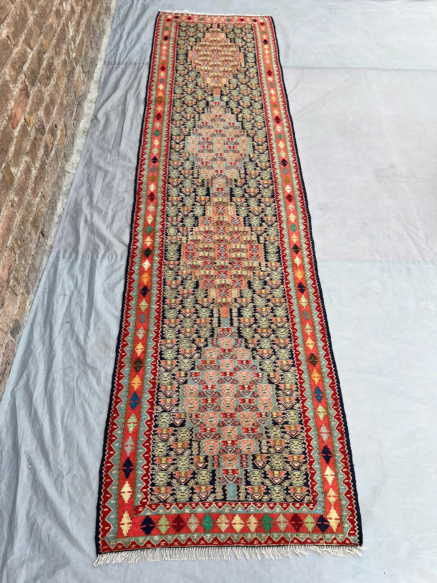 2'7x9'11 Vintage Afghan Flat Woven Wool Kilim Runner Navy Dense All Over Coral Pink Floral Boteh Multicolor Tribal Boho Hallway Carpet