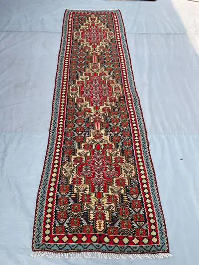 2'6x9'2 Vintage Afghan Flat Woven Wool Kilim Runner Red Navy Ivory Dense Floral Boteh Central Medallion Spine 