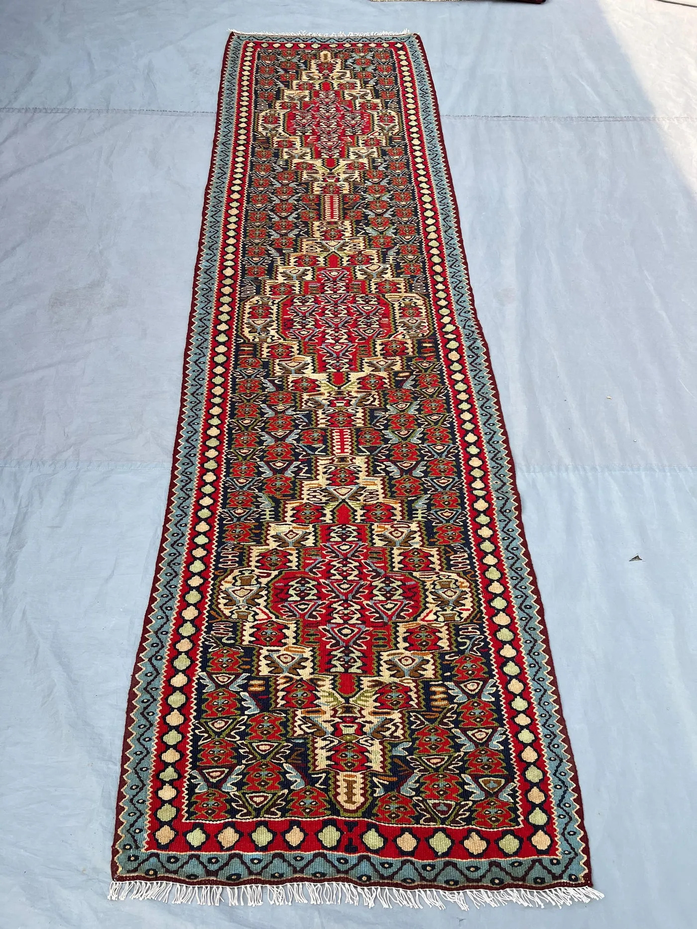 2'6x9'2 Vintage Afghan Flat Woven Wool Kilim Runner Red Navy Ivory Dense Floral Boteh Central Medallion Spine Boho Hallway Staircase Carpet