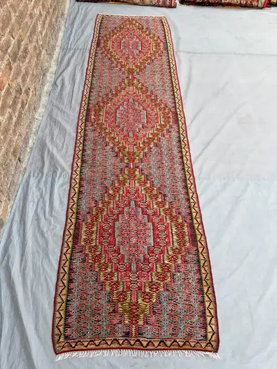 2'6x9'10 Vintage Afghan Flat Woven Wool Kilim Runner Red Olive Grey Dense All Over Boteh Folk Motif Multicolor