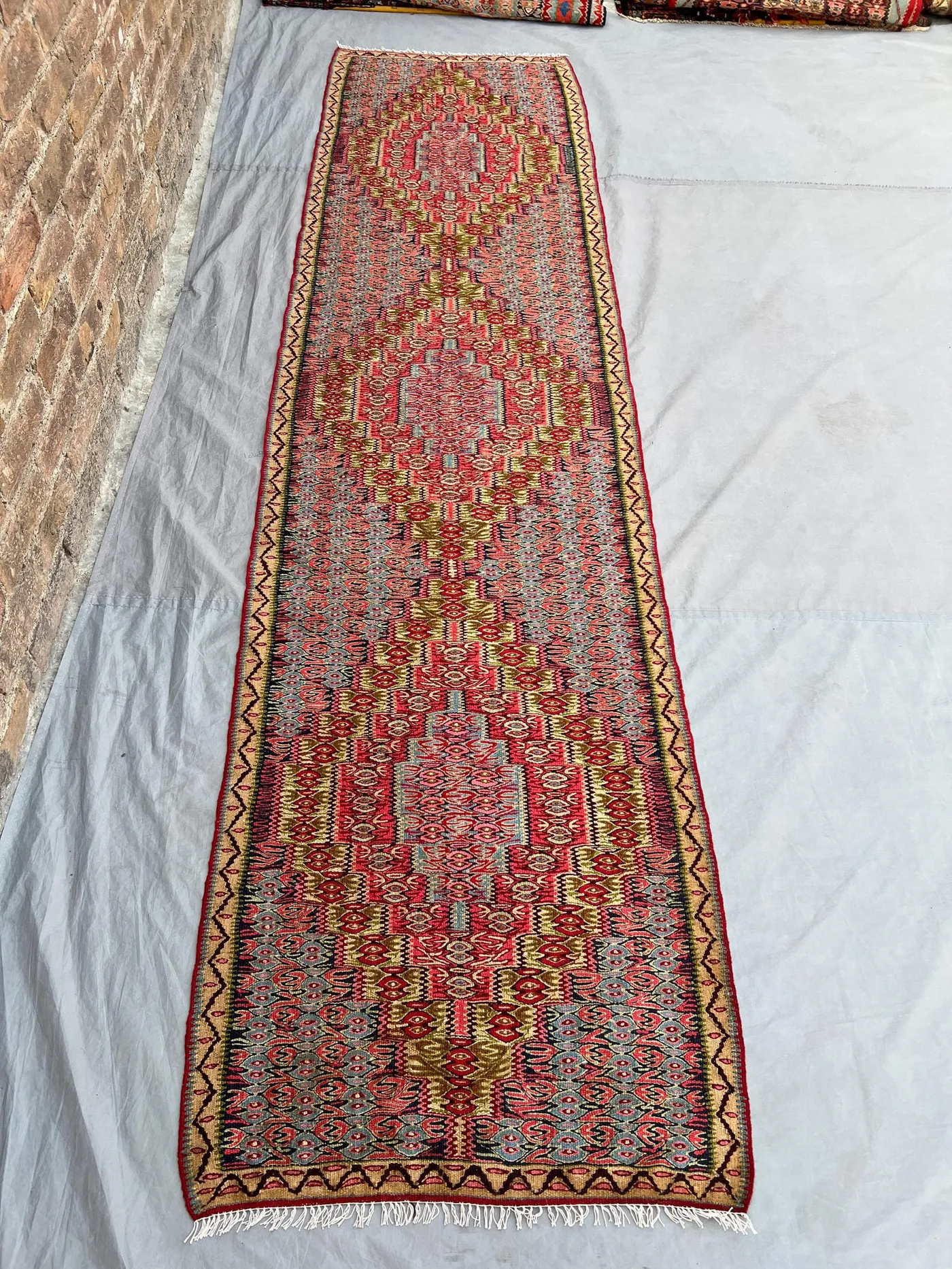 2'6x9'10 Vintage Afghan Flat Woven Wool Kilim Runner Red Olive Grey Dense All Over Boteh Folk Motif Multicolor Boho Hallway Staircase Carpet