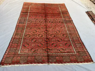 6'6x9'9 Ft Antique Afghan Hand Knotted Pile Rug | Red Brown Allover Octagonal Gul Medallion Tribal Wool Area R