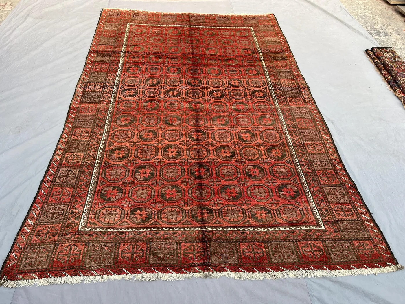 6'6x9'9 Ft Antique Afghan Hand Knotted Pile Rug | Red Brown Allover Octagonal Gul Medallion Tribal Wool Area Rug | Living Room, Collector