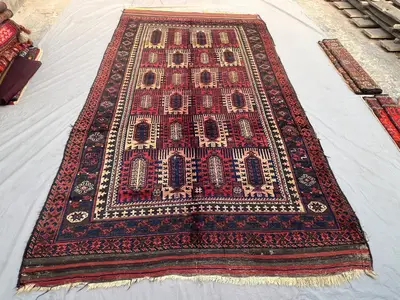 7x12 Saf Multi-Niche Prayer Design Rug | Antique Afghan Hand Knotted Wool | Red Ivory Repeating Mihrab Arch Co