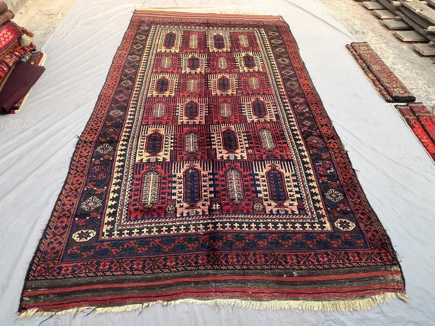7x12 Saf Multi-Niche Prayer Design Rug | Antique Afghan Hand Knotted Wool | Red Ivory Repeating Mihrab Arch Collector Carpet