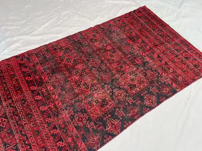 3x6 Vintage Afghan Rug, Hand Knotted Wool Low Pile Distressed Faded Rug, Tribal Red Black Rare Geometric Carpe
