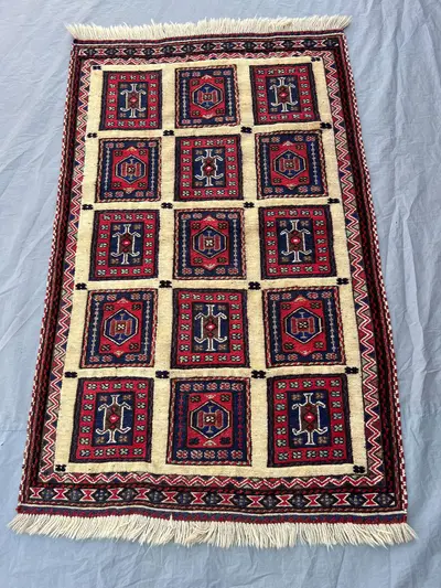 2'10x4'8 Ft Vintage Afghan Baluchi Handknotted Low Pile Accent Rug, 15-Panel Grid Medallion Ivory Red Navy Woo
