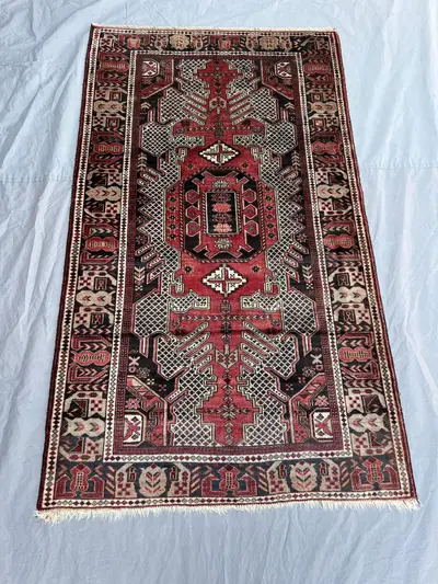 3'6x6 Ft Vintage Afghan Baluchi Handknotted Low Pile Area Rug, Diamond Lattice Medallion Red Black Ivory Wool 