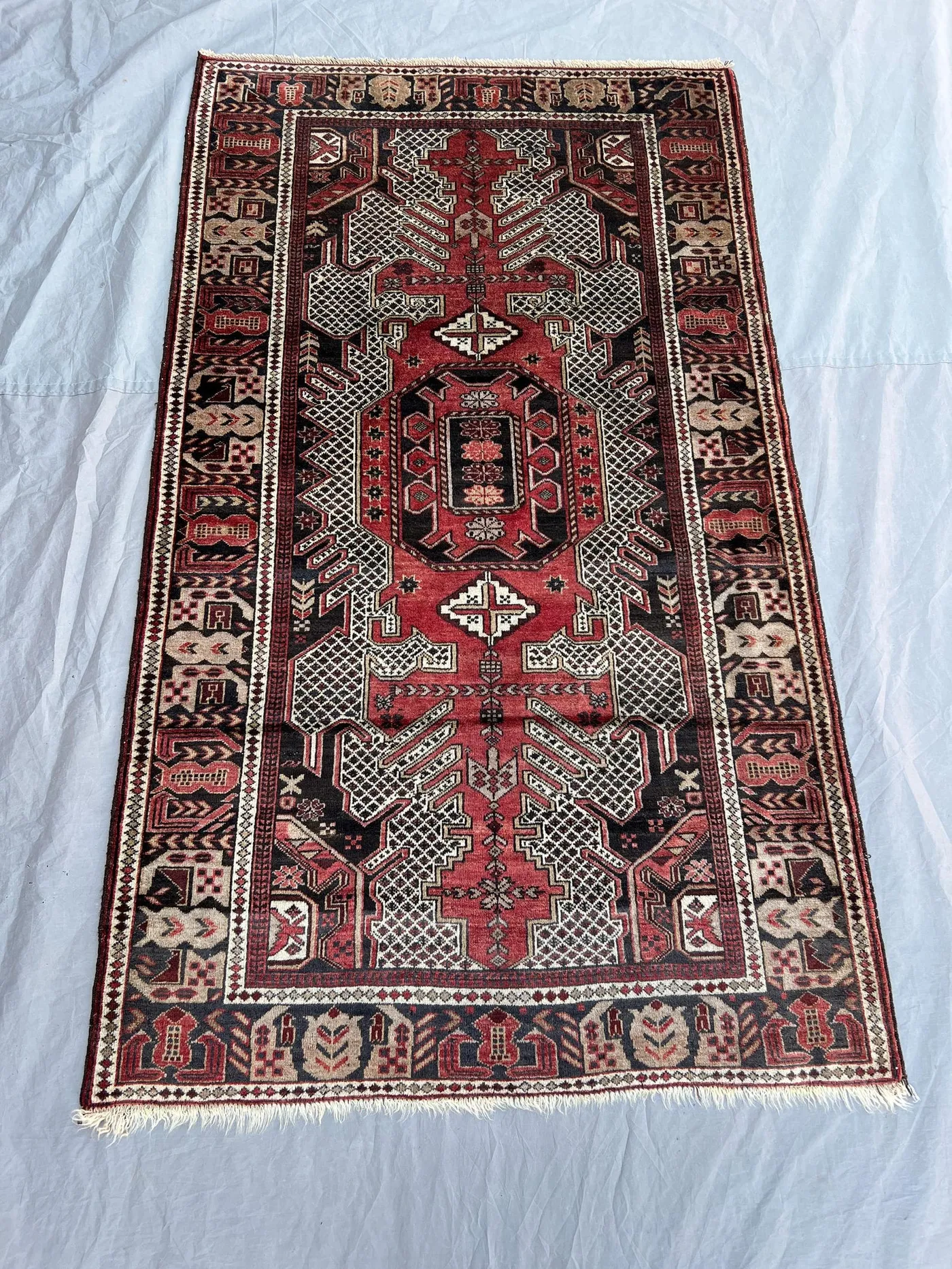 3'6x6 Ft Vintage Afghan Baluchi Handknotted Low Pile Area Rug, Diamond Lattice Medallion Red Black Ivory Wool | Living Room Boho Decor