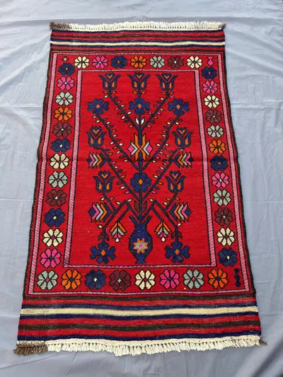 2.8x4.5 ft Afghan Handmade Tribal Kilim Rug, Baluch Wool Kilim, Floral Pattern, Red Vintage Wool Rug, Bohemian