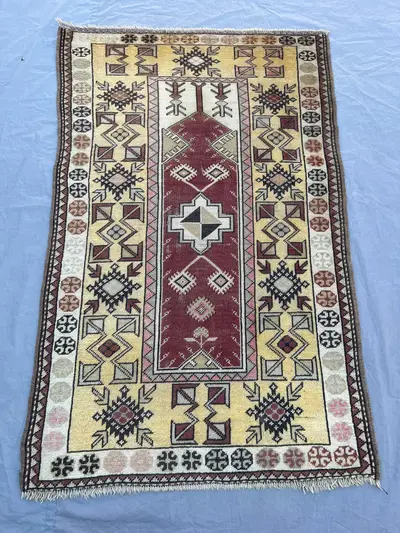 2'9x4'7 ft Vintage Afghan Hand Knotted Wool Rug Golden Yellow Burgundy Prayer Mihrab Tribal Geometric Rug Livi