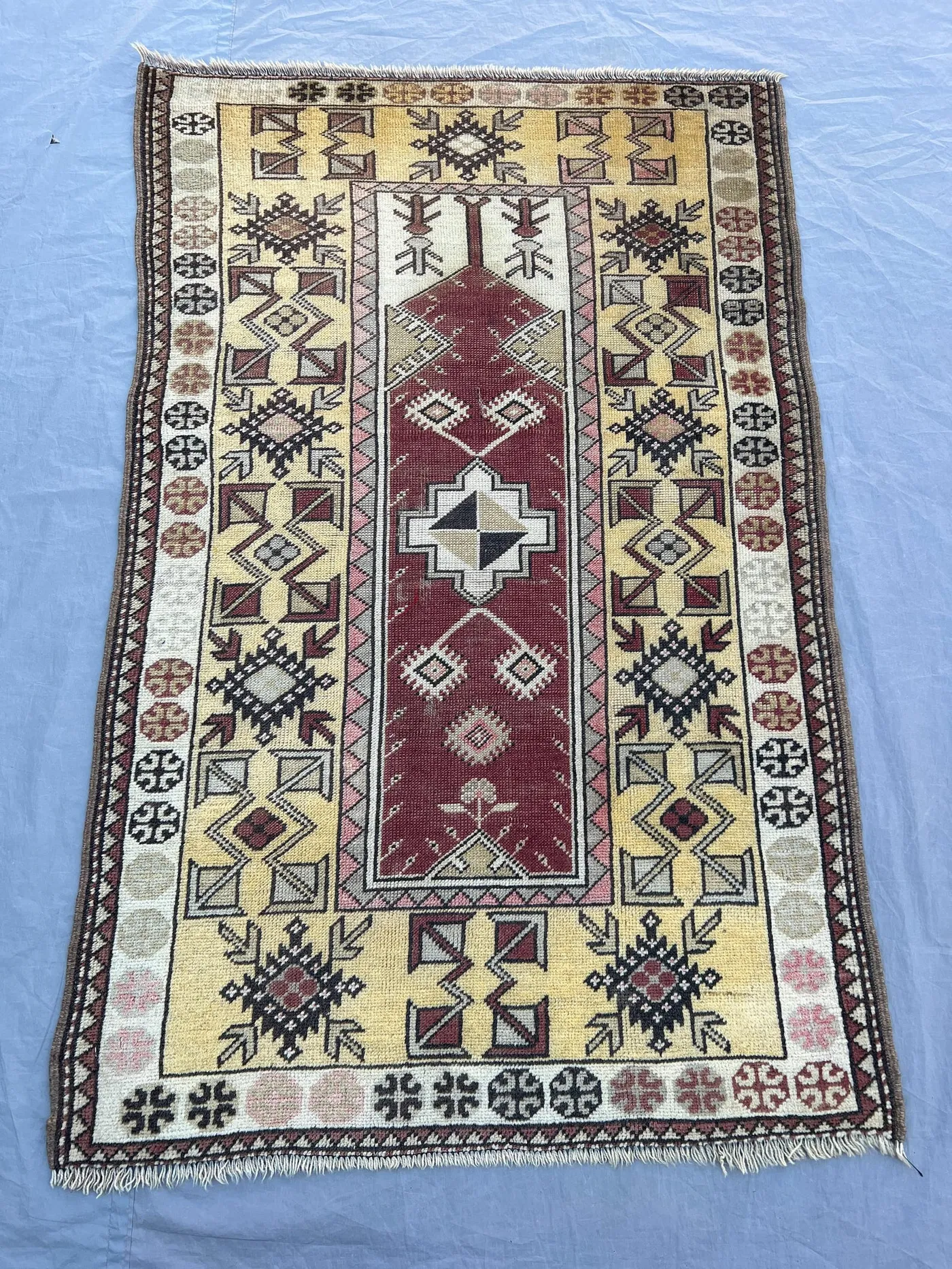 2'9x4'7 ft Vintage Afghan Hand Knotted Wool Rug Golden Yellow Burgundy Prayer Mihrab Tribal Geometric Rug Living Room Bedroom