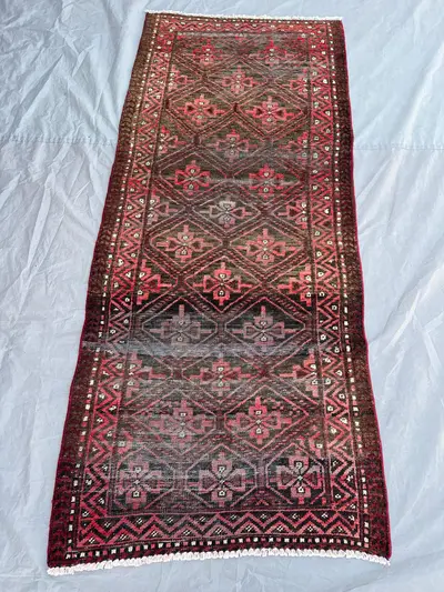 2'8 x 6'4 Ft Vintage Afghan Distressed Runner, Handwoven Wool Pile, Geometric Diamond Design in Red and Black,