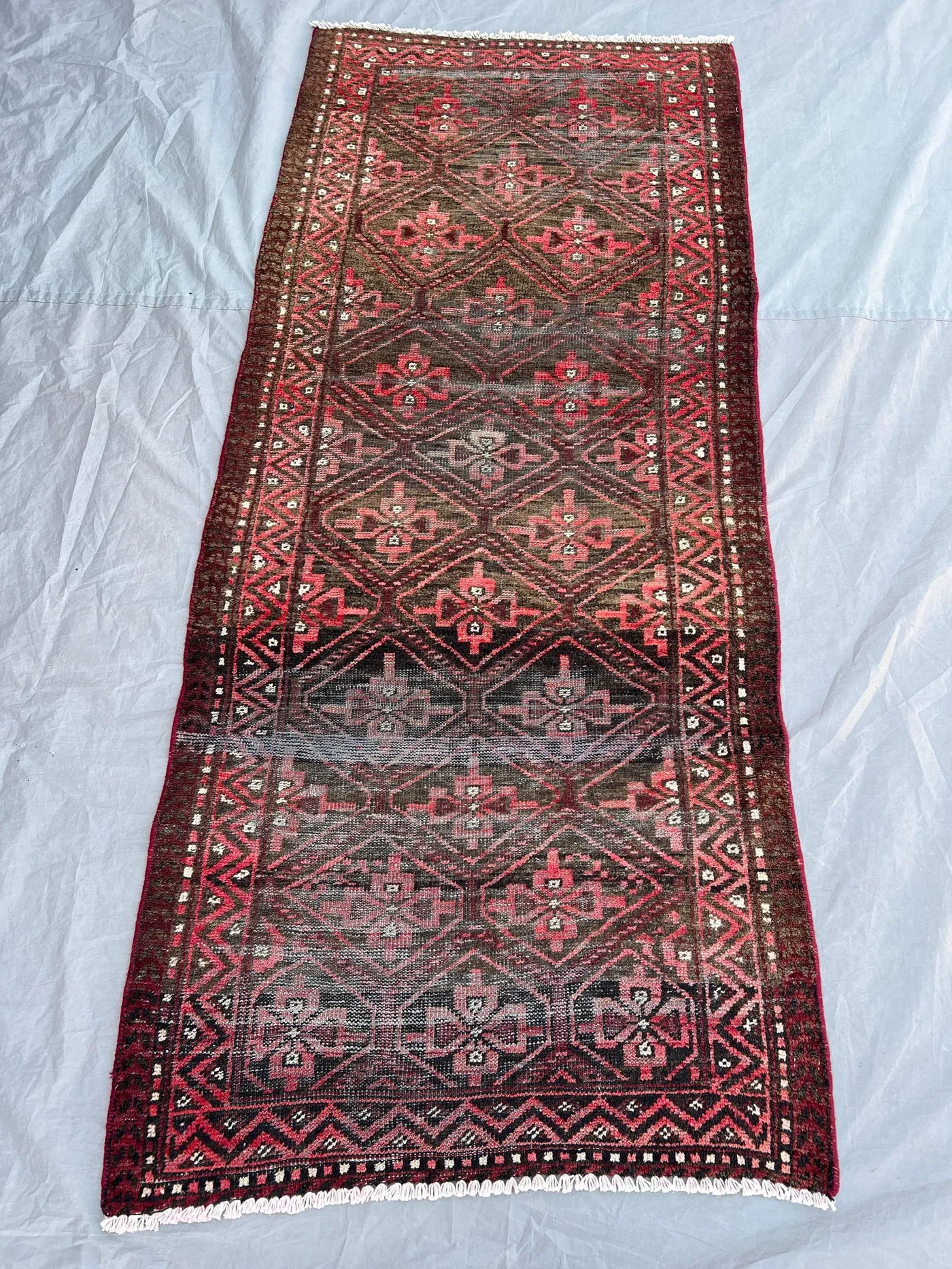 2'8 x 6'4 Ft Vintage Afghan Distressed Runner, Handwoven Wool Pile, Geometric Diamond Design in Red and Black, Handknotted, Entryway