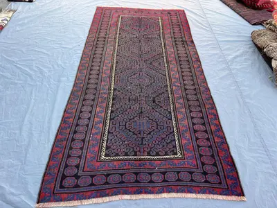 4'4x8'10 ft Vintage Afghan Hand-Knotted Runner Rug – Geometric Blue & Red Design, Tribal Motifs, Handmade, Boh