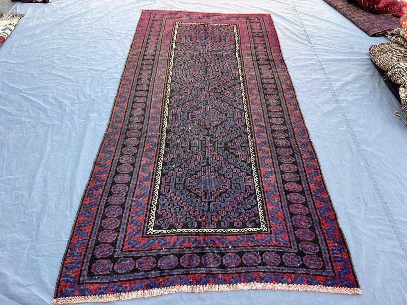 4'4x8'10 ft Vintage Afghan Hand-Knotted Runner Rug – Geometric Blue & Red Design, Tribal Motifs, Handmade, Boho Home Decor, Cozy Hallway