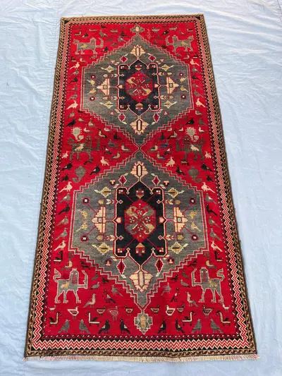 3x6'3 ft Vintage Afghan Hand-Knotted Rug – Geometric Red & Gray Design with Animal Motifs, Handmade, Boho Livi