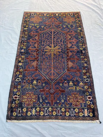 3'8x6'3 ft Vintage Afghan Baluchi Hand Knotted Wool Rug Navy Blue Rust Gold Central Medallion Tribal Rug Livin
