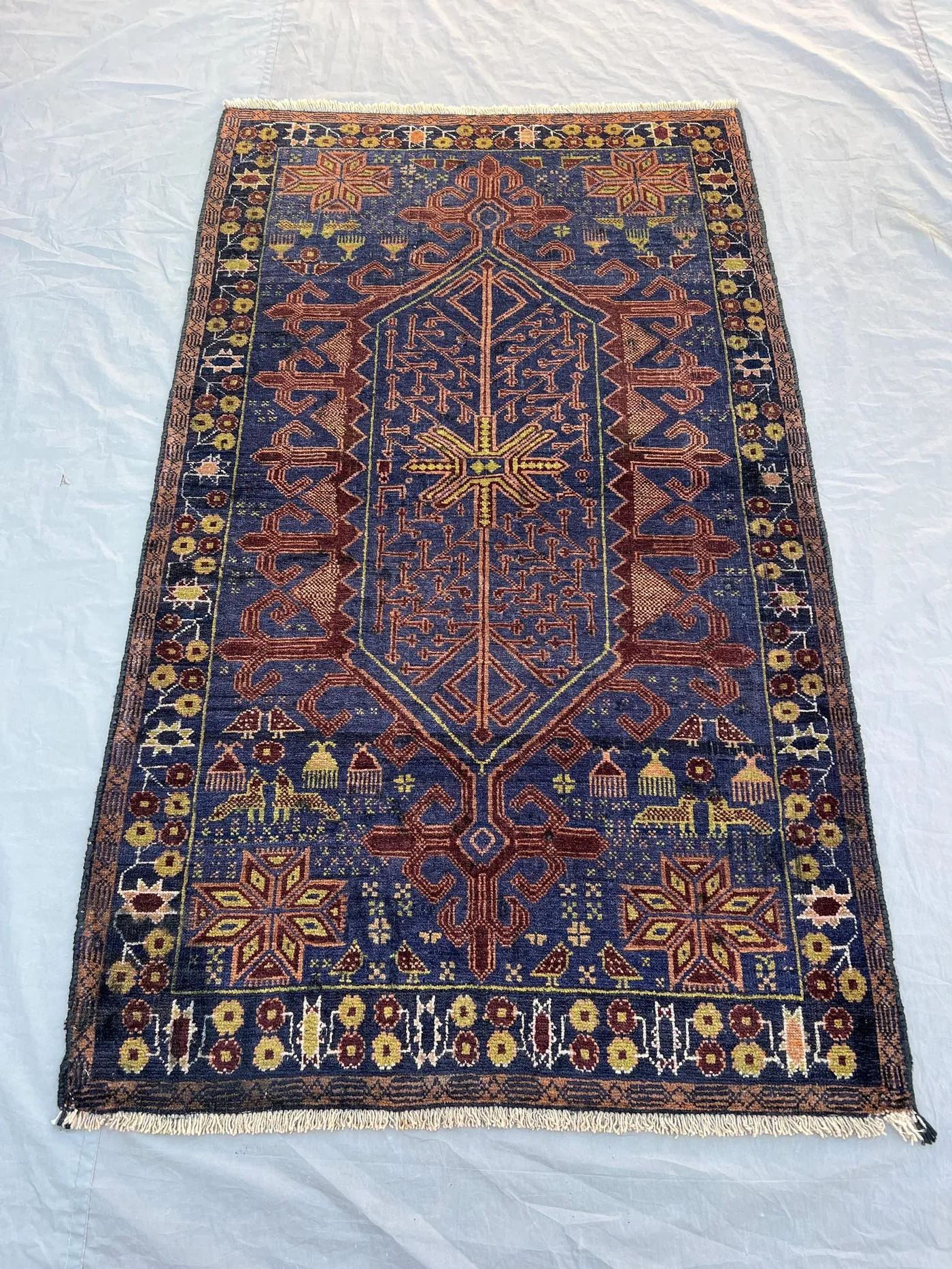 3'8x6'3 ft Vintage Afghan Baluchi Hand Knotted Wool Rug Navy Blue Rust Gold Central Medallion Tribal Rug Living Room Bedroom