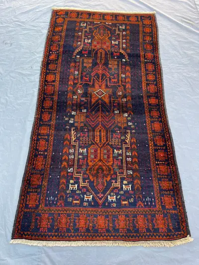 3'8x7'1 ft Vintage Afghan Baluchi Hand Knotted Wool Rug Navy Blue Tribal Medallion Prayer Rug Living Room Bedr