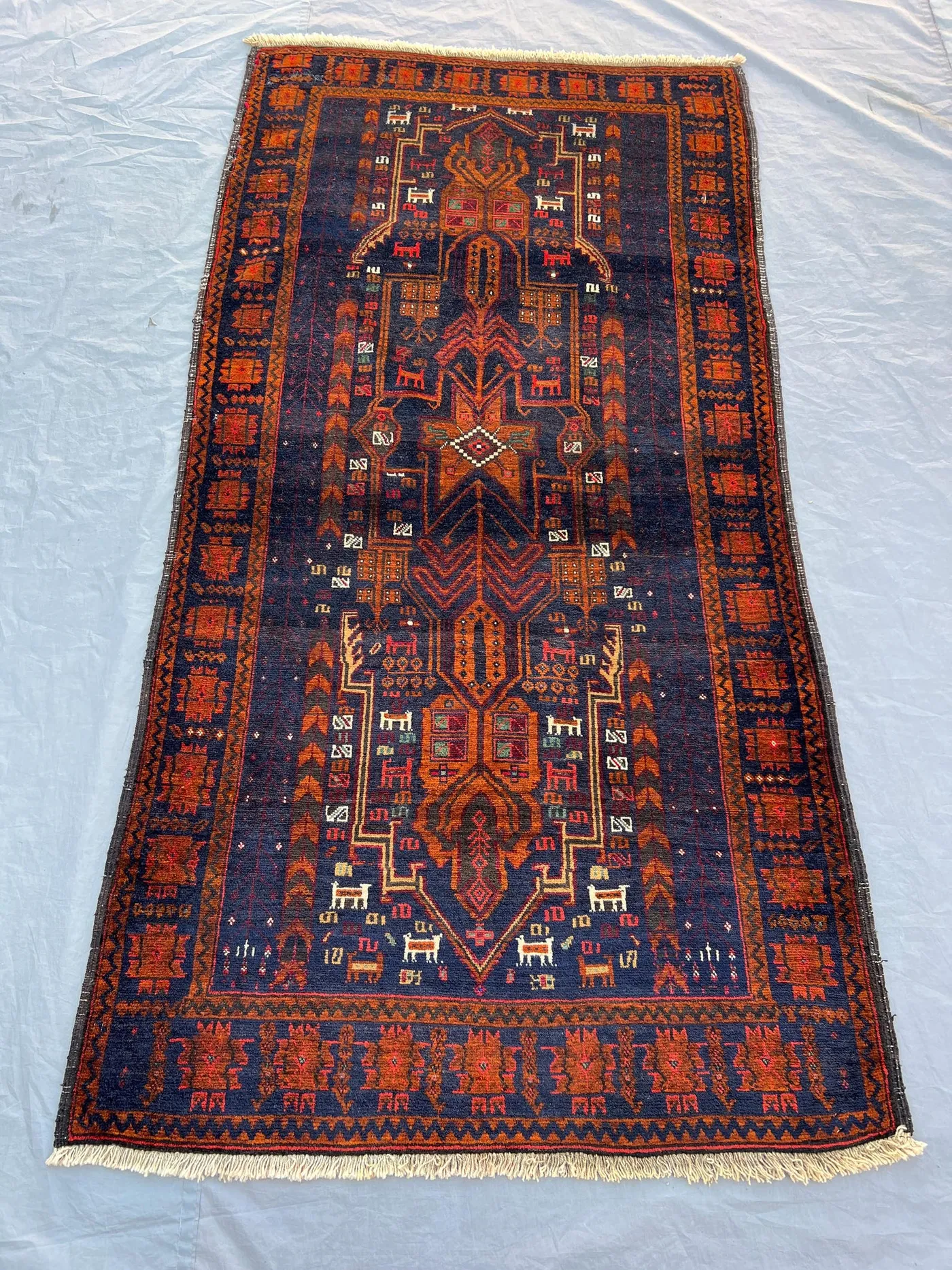 3'8x7'1 ft Vintage Afghan Baluchi Hand Knotted Wool Rug Navy Blue Tribal Medallion Prayer Rug Living Room Bedroom Area Rug