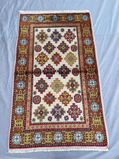 2'11x4'10 Ft Vintage Afghan Hand Knotted Pile Rug | Ivory Geometric Star Medallion Wool Area Rug Boho Living R