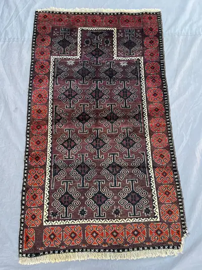 2'7x4'5 ft Vintage Afghan Prayer Rug, Handmade Baluchi Wool Rug, Tribal Islamic Mihrab Rug, Small Boho Rustic 