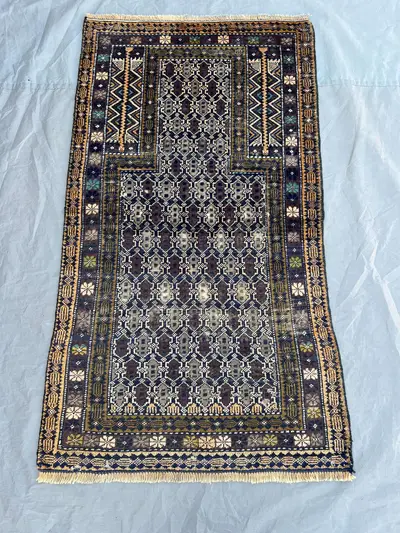 2'8x4'10 Ft Vintage Afghan Prayer Rug Navy Gold Mihrab Lattice All-Over Hand Knotted Wool Pile Rug | Bedroom E