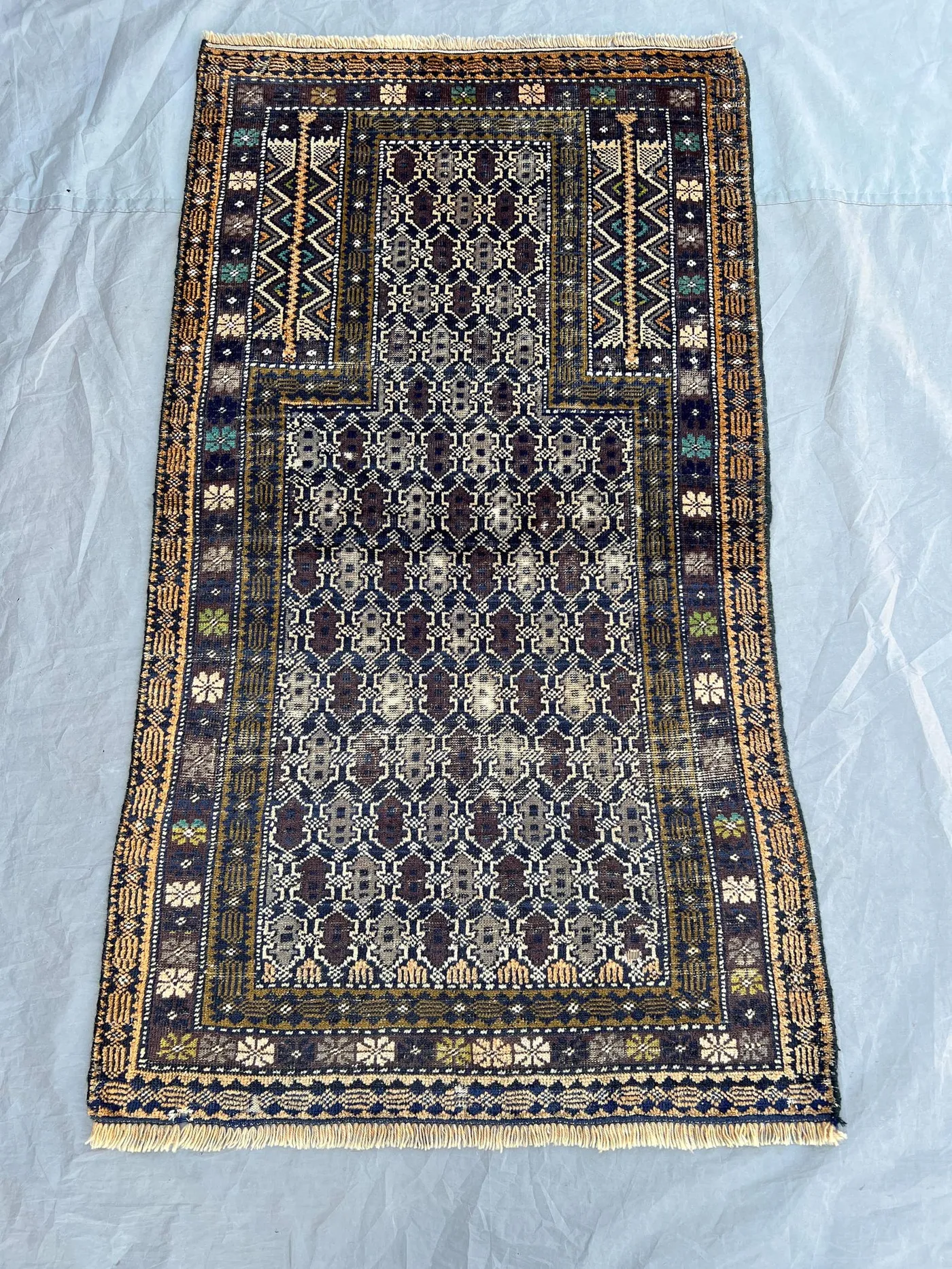 2'8x4'10 Ft Vintage Afghan Prayer Rug Navy Gold Mihrab Lattice All-Over Hand Knotted Wool Pile Rug | Bedroom Entryway Boho  Home Decor