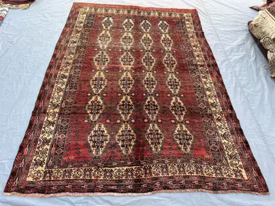 5'10x8'7 ft Vintage Afghan Bashir Hand Knotted Wool Rug Deep Red Ivory Turkmen Gul Medallion Tribal Rug Living