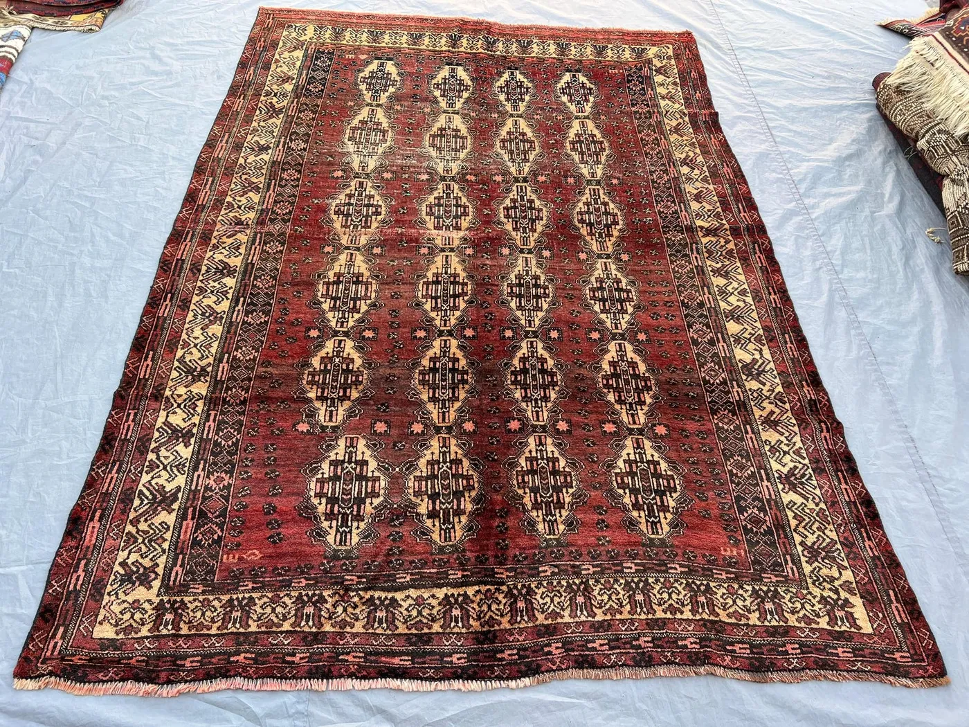 5'10x8'7 ft Vintage Afghan Bashir Hand Knotted Wool Rug Deep Red Ivory Turkmen Gul Medallion Tribal Rug Living Room Bedroom