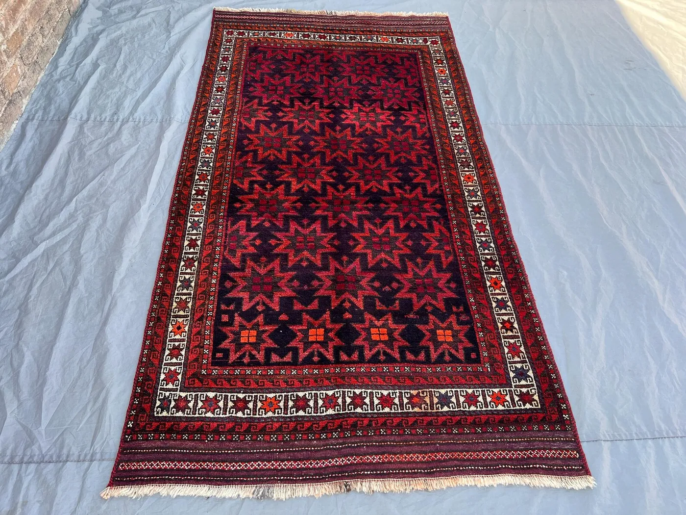 4'4×8'2 ft Vintage Afghan Baluch Handwoven Tribal Wool Rug Allover Eight Pointed Star Geometric Pattern Dark Navy Red Living Room Hallway