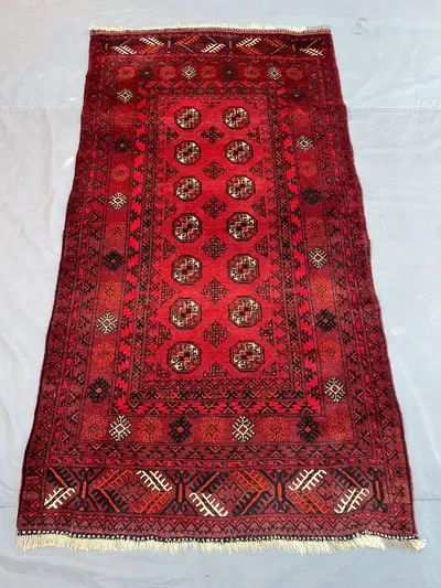 3'6x6'8 Ft Vintage Afghan Hand Knotted Wool Rug | Deep Red Tribal Octagonal Medallion Area Rug | Bokhara Style
