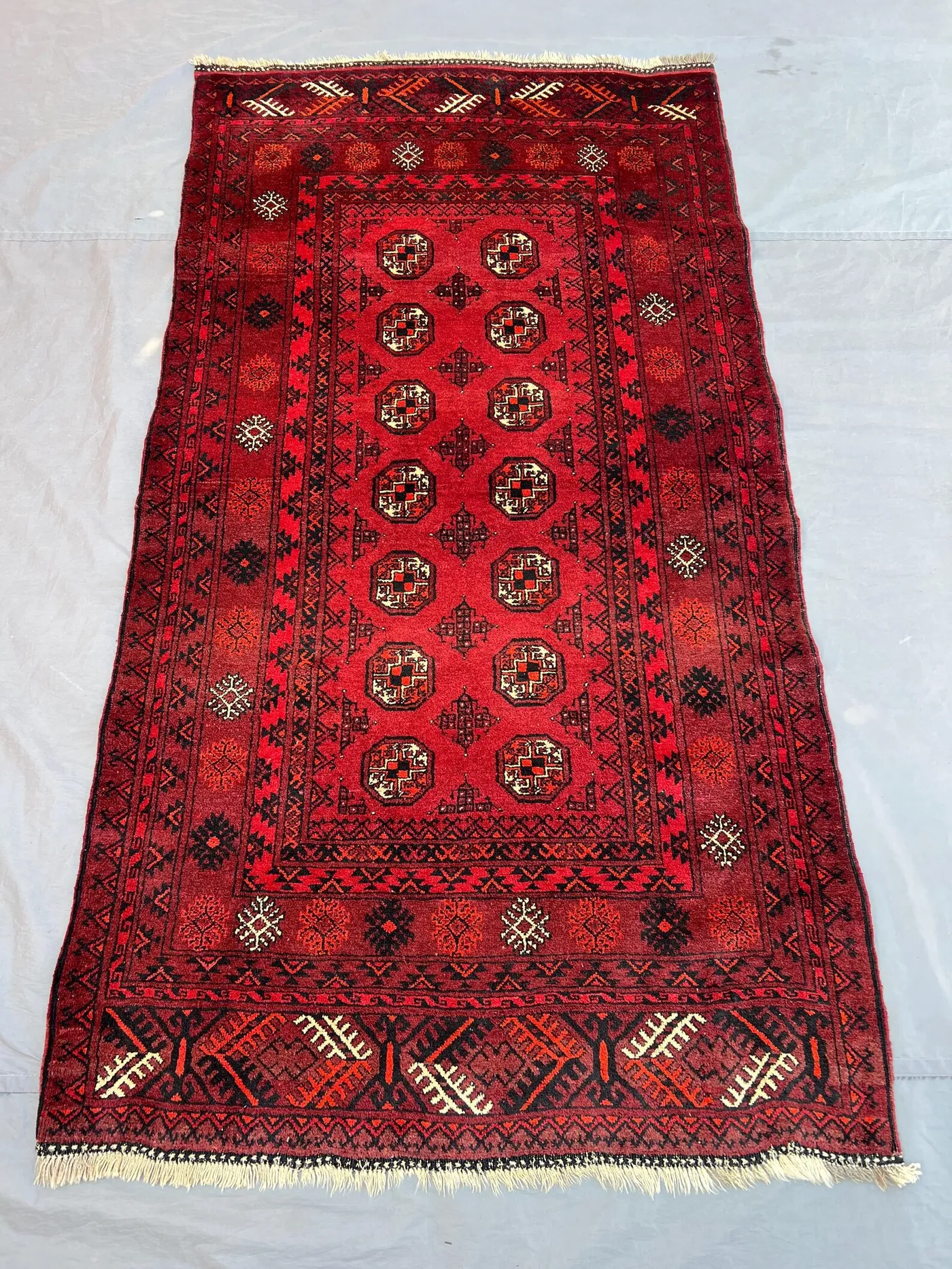 3'6x6'8 Ft Vintage Afghan Hand Knotted Wool Rug | Deep Red Tribal Octagonal Medallion Area Rug | Bokhara Style Nomadic Carpet | Home Decor