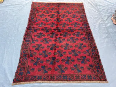 4'6x6'6 ft Vintage Afghan Ersari Hand Knotted Wool Rug Deep Red Navy All Over Elephant Foot Star Tribal Rug Li