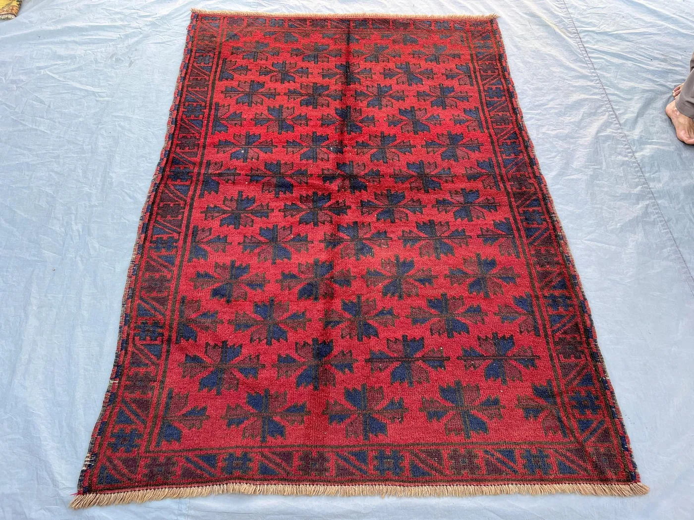 4'6x6'6 ft Vintage Afghan Ersari Hand Knotted Wool Rug Deep Red Navy All Over Elephant Foot Star Tribal Rug Living Room Bedroom