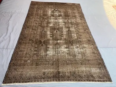 6'10x9'11 Antique Afghan Hand Knotted Wool Rug Distressed Faded Brown Geometric Tribal Arch Motif Boho Living 