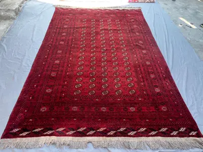 7'10x11'6 Antique Afghan Turkmen Bokhara Handknotted Soft Pile Oversized Rug, All-Over Gul Deep Red Wool Large