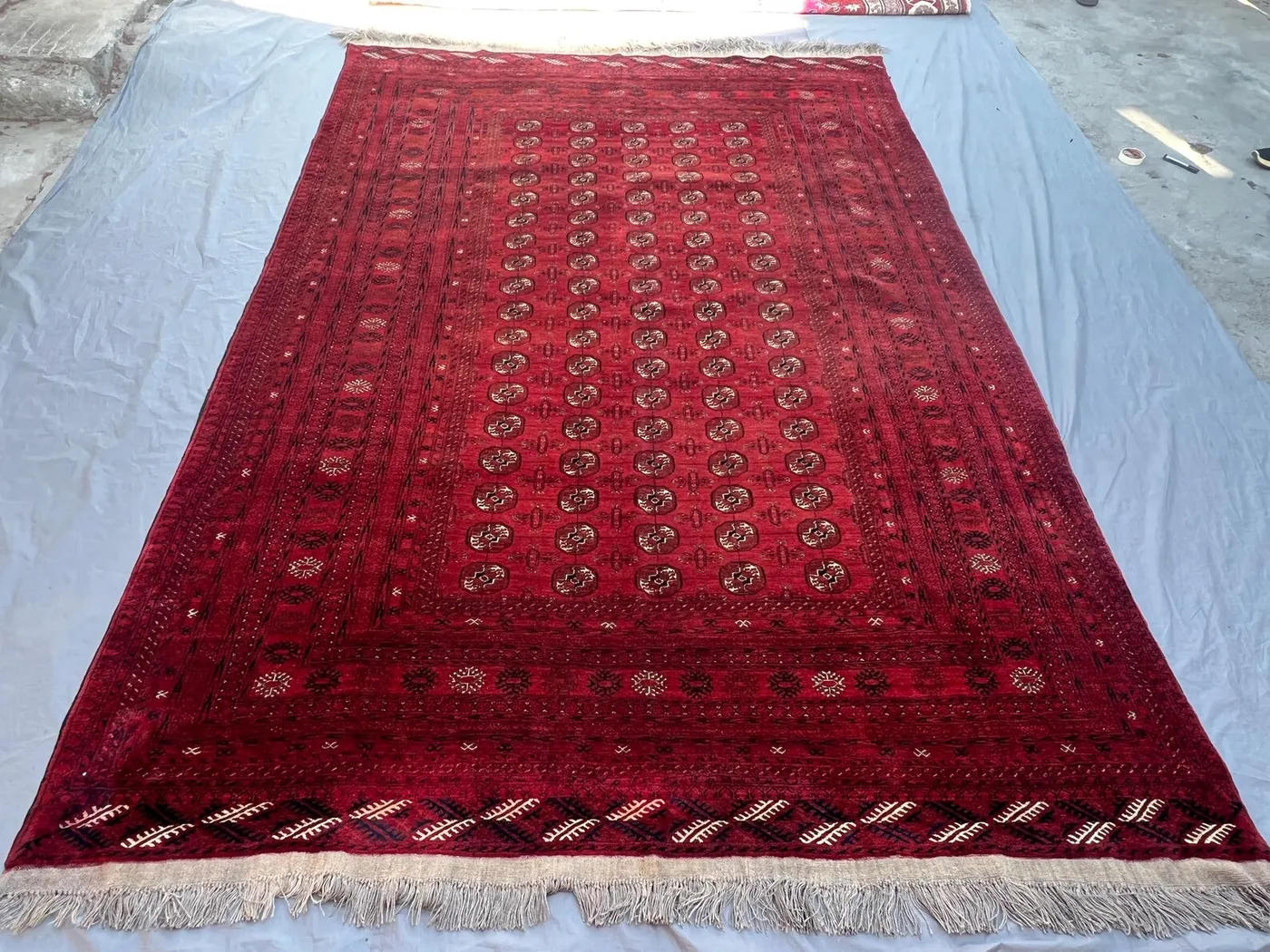 7'10x11'6 Antique Afghan Turkmen Bokhara Handknotted Soft Pile Oversized Rug, All-Over Gul Deep Red Wool Large Area Rug Living Dining Decor
