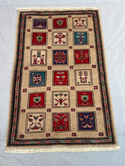 3'1x4'10 Ft Vintage Afghan Wool Pile Rug Hand-Knotted Garden Panel Tree Bird Motif Camel Red Teal Navy Accent 