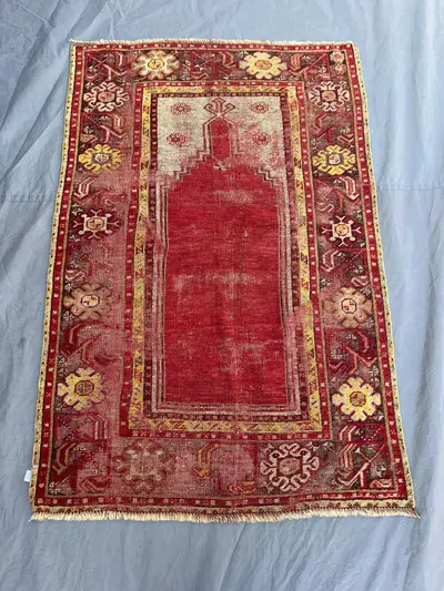 3'3x4'11 Ft Vintage Afghan Prayer Rug Handknotted Distressed Low Pile, Mihrab Arch Red Gold Wool Accent Rug | 